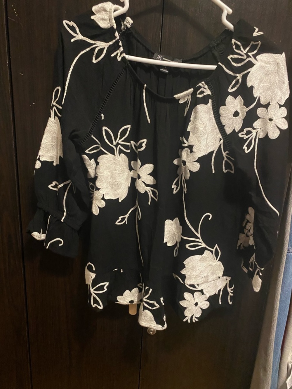 INC International Concepts Black Blouse with White Floral Embroidery